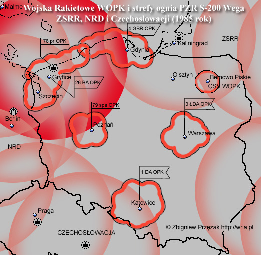 Strefa ognia 78 pr OPK na tle stref ognia PZR S-200 w ZSSR, NRD i Czechosowacji w 1985 roku.