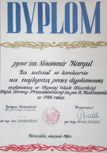 Dyplom za jedn z najlepszych prac dyplomowych wykonanych w WSO WOPL w 1986 rok.